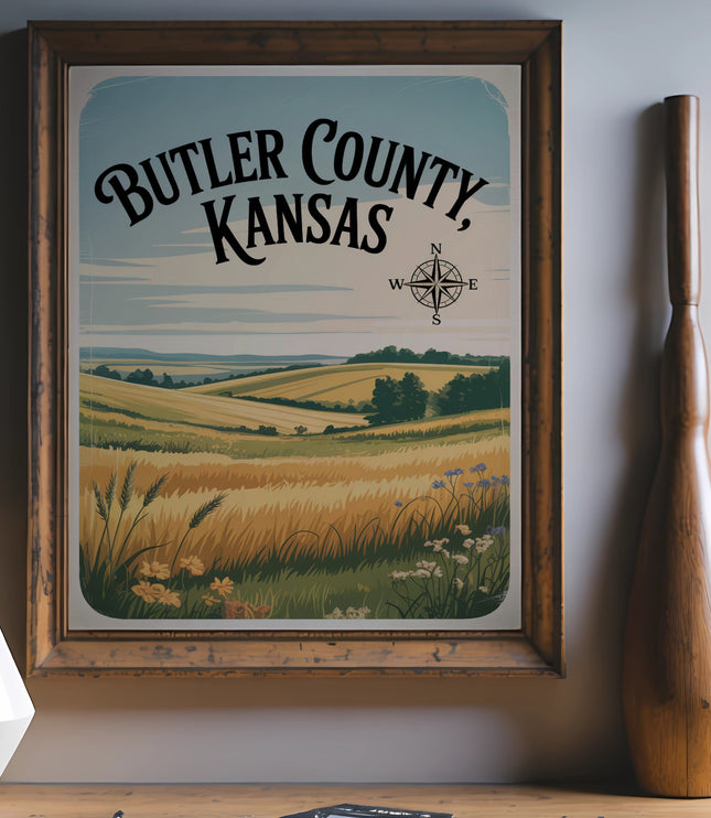 Butler County, Kansas vintage travel poster with scenic landscape and compass rose.