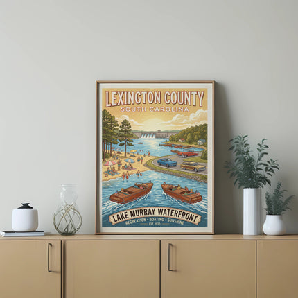 Lexington County, South Carolina Lake Murray Waterfront art with vintage boats and beach scene.