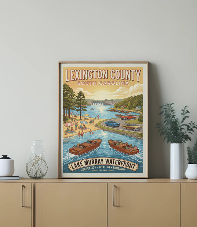 Lexington County, South Carolina Lake Murray Waterfront art with vintage boats and beach scene.