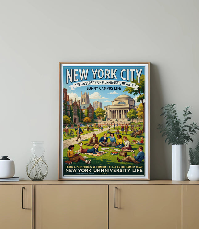 New York City University on Morningside Heights sunny campus life poster.