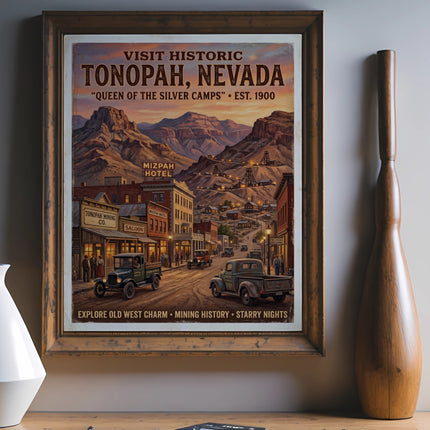 Poster with "Visit Historic Tonopah, Nevada" and vintage town scene.