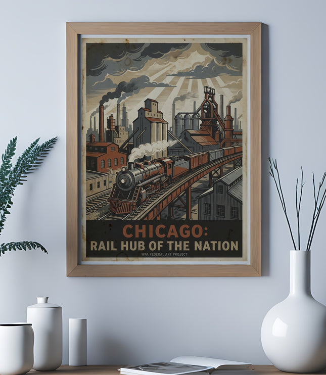 Framed poster of a vintage Chicago rail hub with train and industrial buildings.