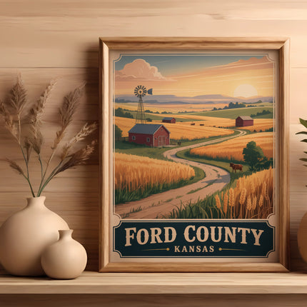 Framed landscape art of a farm with a windmill and text "Ford County Kansas".