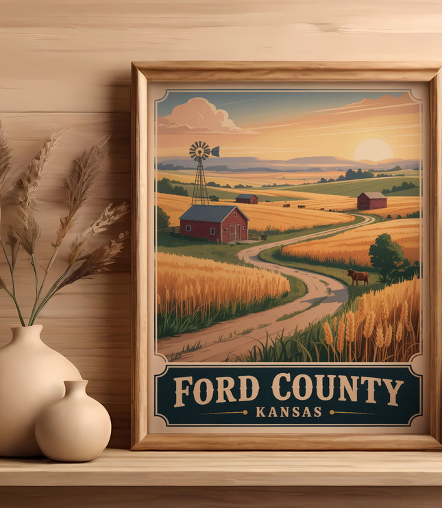 Framed landscape art of a farm with a windmill and text "Ford County Kansas".