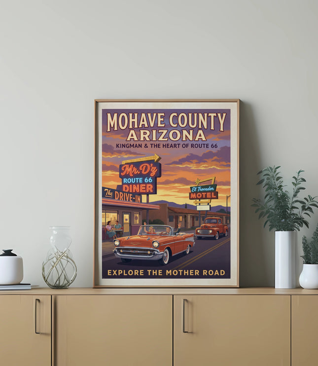 Mohave County Arizona Route 66 retro poster with diner and motel.