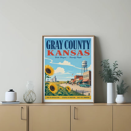 Gray County, Kansas vintage travel poster with sunflowers and town scene.