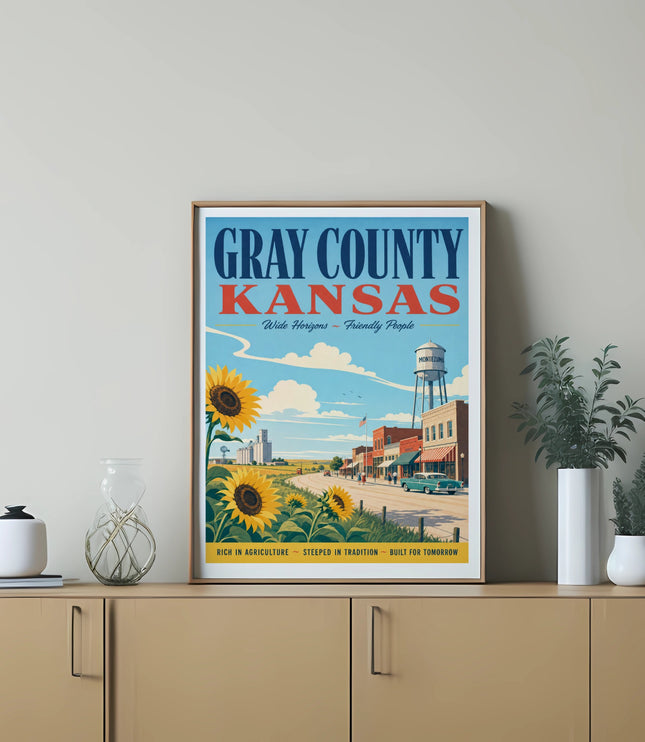 Gray County, Kansas vintage travel poster with sunflowers and town scene.