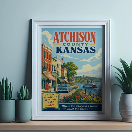Atchison County, Kansas travel poster with river scene and retro buildings.
