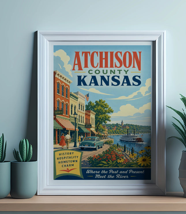 Atchison County, Kansas travel poster with river scene and retro buildings.