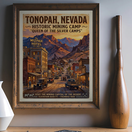 Tonopah, Nevada vintage travel poster depicting historic Mizpah Hotel and mining town.