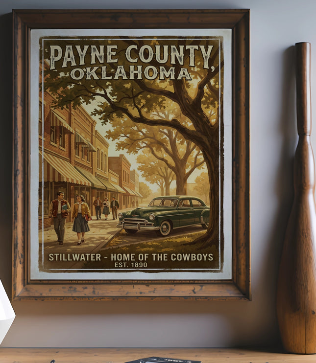 Payne County, Oklahoma vintage poster with Stillwater, Home of the Cowboys.