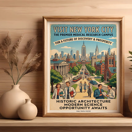 New York City travel poster advertising medical research campus and opportunity.