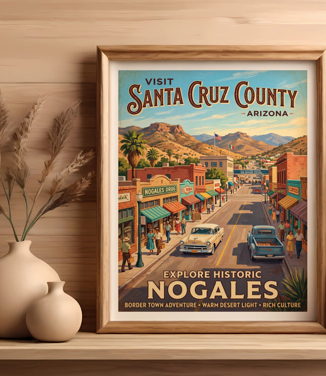 Vintage poster of Nogales, Arizona, with retro cars and buildings.