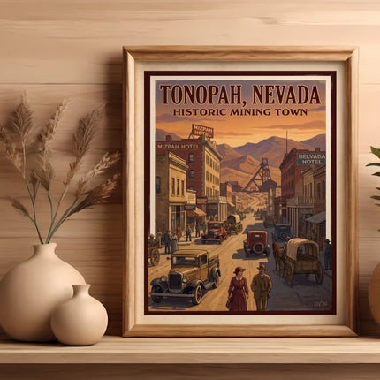 Tonopah, Nevada historic mining town poster featuring Mizpah Hotel and Belvada Hotel.