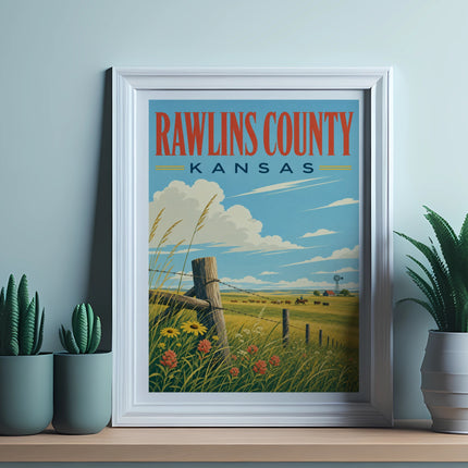 Vintage Rawlins County Kansas travel poster with farm scene.