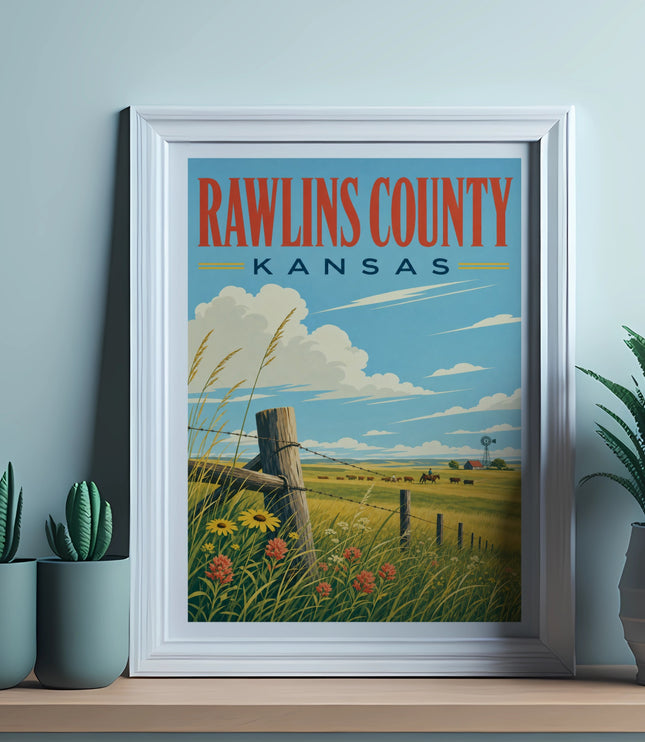 Vintage Rawlins County Kansas travel poster with farm scene.
