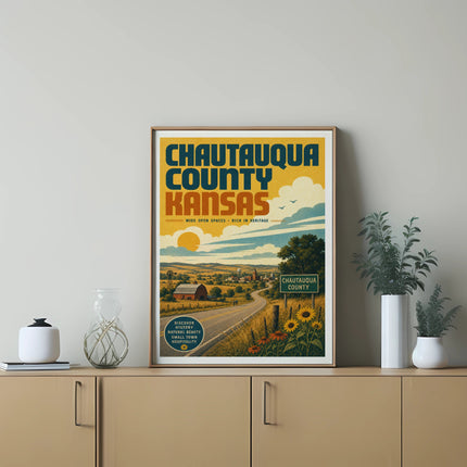 Chautauqua County, Kansas vintage travel poster with rural landscape and text.