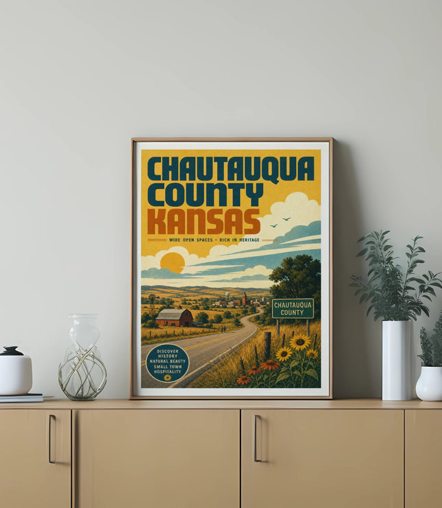 Chautauqua County, Kansas vintage travel poster with rural landscape and text.