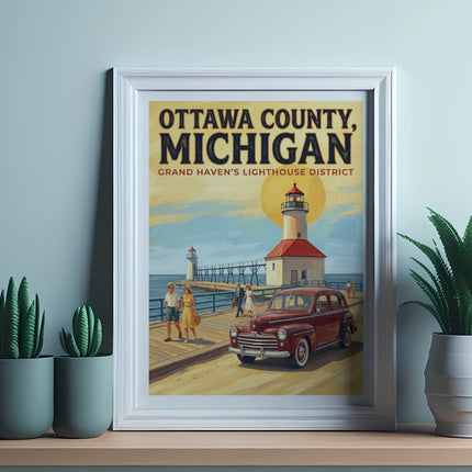 Poster of Ottawa County, Michigan, Grand Haven's Lighthouse District, showing lighthouse, pier, car, and people.