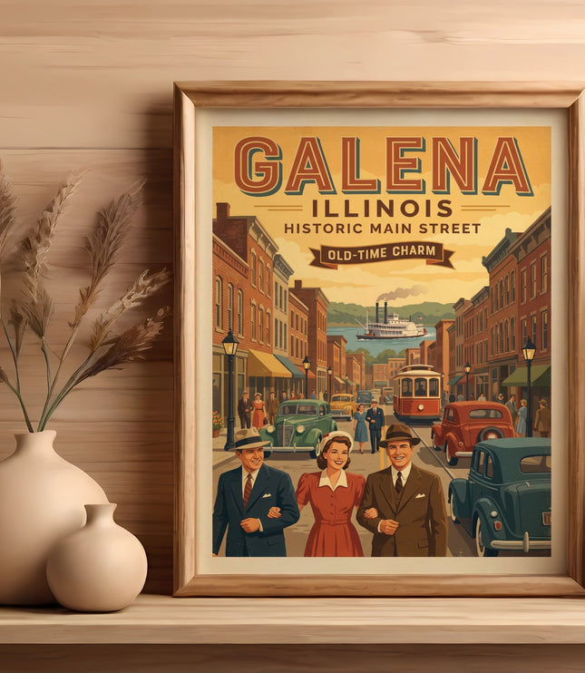 Galena Illinois Historic Main Street Old-Time Charm vintage poster with people and cars.