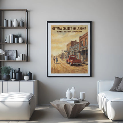 Framed painting of Ottawa County, Oklahoma's historic downtown with a red truck.