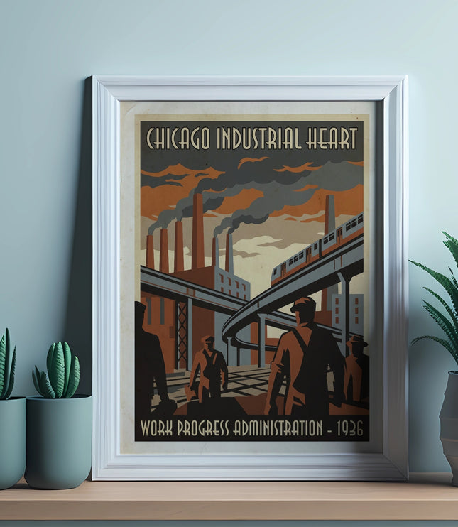 Poster with "Chicago Industrial Heart" and "Work Progress Administration - 1936" text.