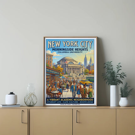 New York City Morningside Heights Columbia University poster with people.