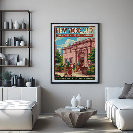 New York City: The Morgan Library & Museum poster showing people outside building.