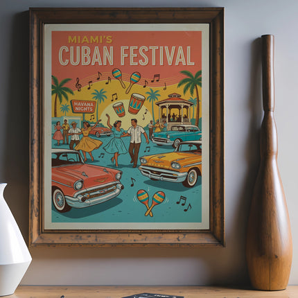 Miami's Cuban Festival Havana Nights poster with vintage cars and dancing people.