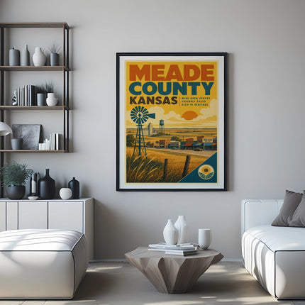 Meade County Kansas poster with farm scene and text, framed on wall.