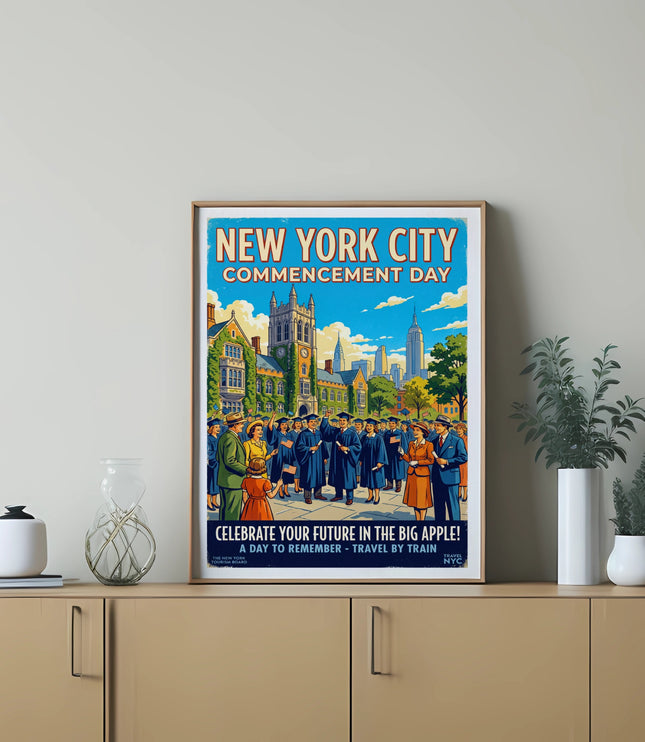 New York City Commencement Day poster with graduates and Empire State Building.