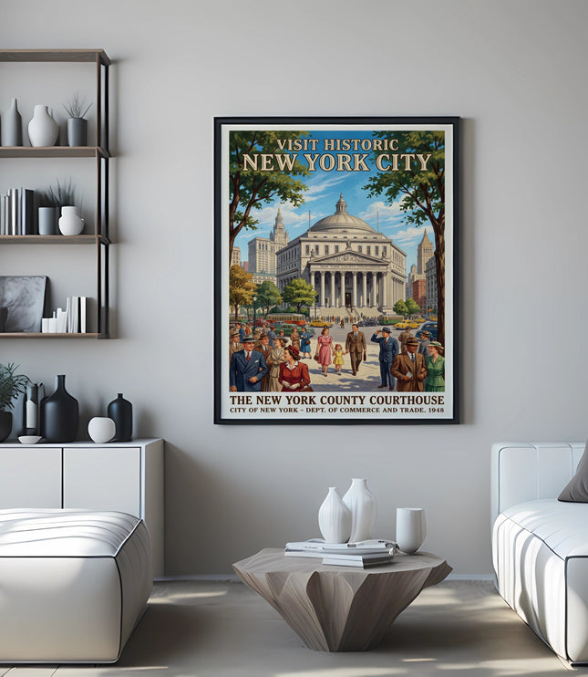 Poster featuring the New York County Courthouse, people, and cars.