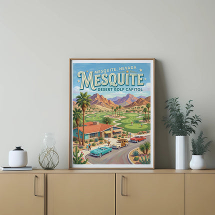 Mesquite, Nevada Desert Golf Capitol poster with cars and golf course scene.