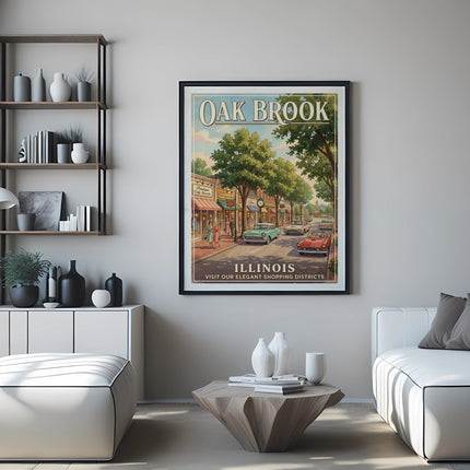 Vintage Oak Brook Illinois travel poster with shops and cars, 11 words.