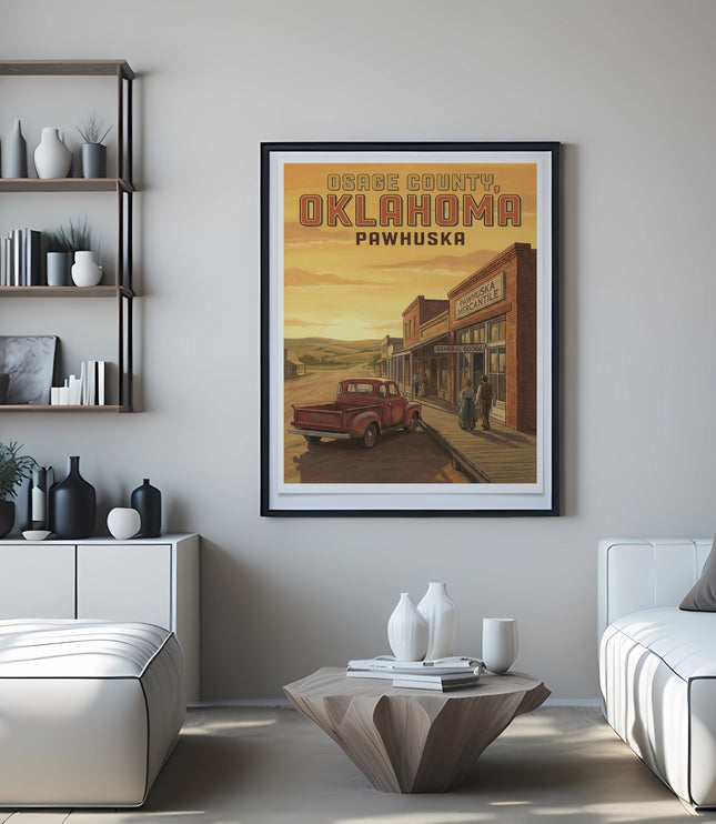 Osage County, Oklahoma Pawhuska vintage poster with red truck and mercantile.