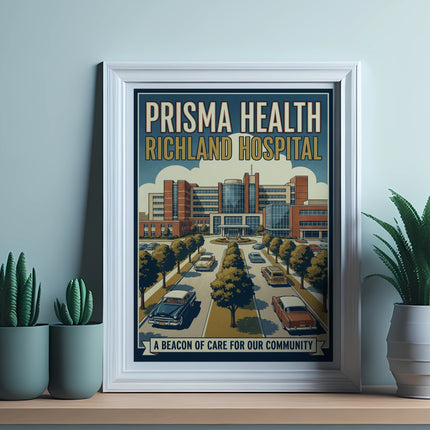 Prisma Health Richland Hospital retro poster with vintage cars and building.