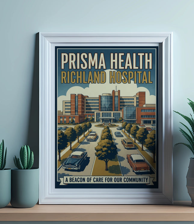 Prisma Health Richland Hospital retro poster with vintage cars and building.