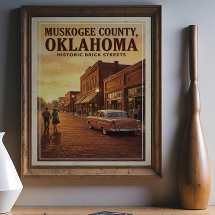 Framed art print of Muskogee County, Oklahoma historic brick streets.