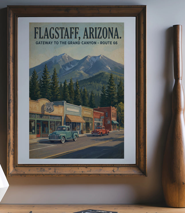 Flagstaff Arizona Route 66 vintage travel poster with mountains and street scene.