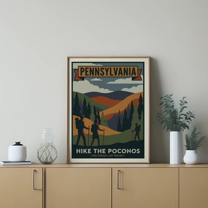 Poster for hiking in Pennsylvania's Poconos on a wooden dresser.