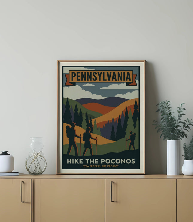 Poster for hiking in Pennsylvania's Poconos on a wooden dresser.