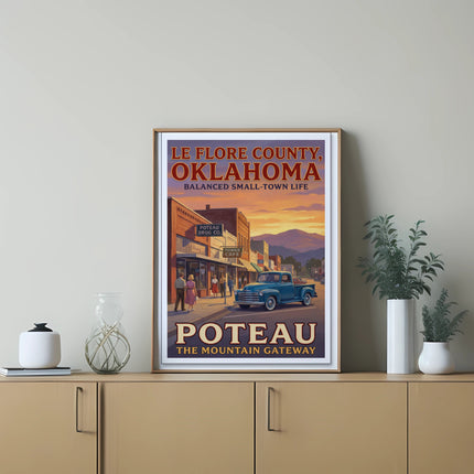 Le Flore County, Oklahoma vintage travel poster featuring Poteau street scene and mountains.