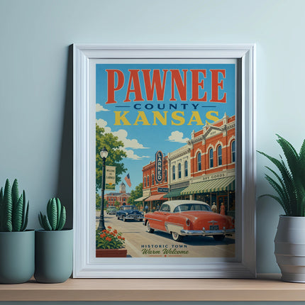 Pawnee County, Kansas vintage travel poster with historic downtown scene and text.