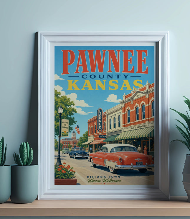 Pawnee County, Kansas vintage travel poster with historic downtown scene and text.