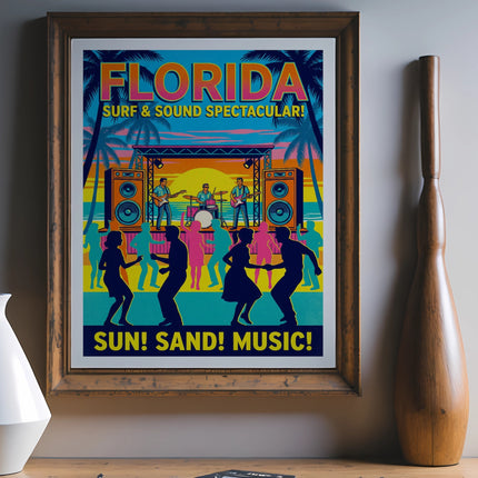 Florida Surf & Sound Spectacular concert poster with dancing silhouettes.