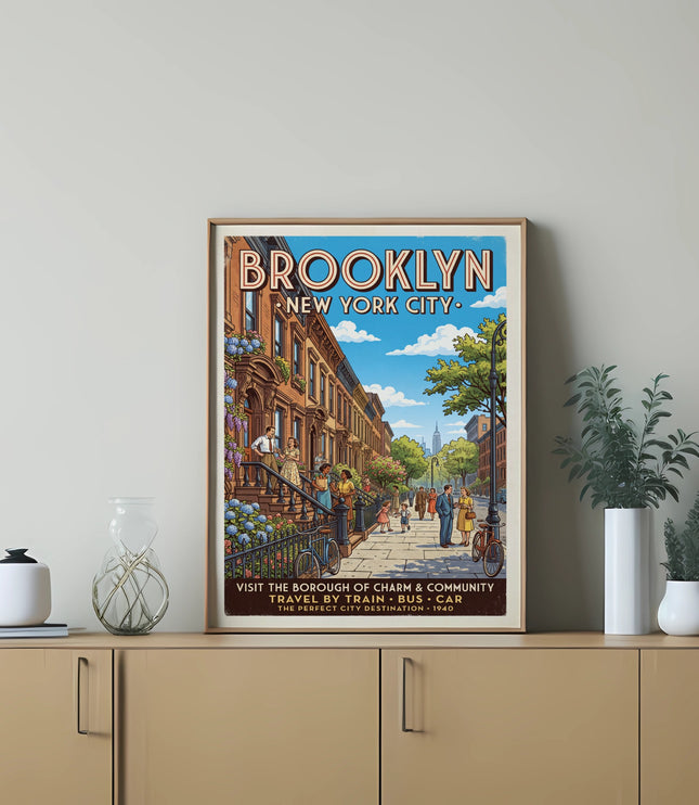 Brooklyn New York City vintage travel poster with brownstones and people.