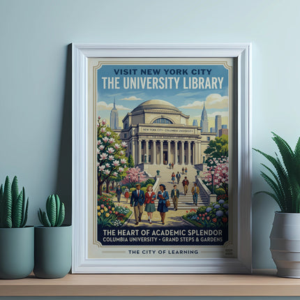 New York City University Library poster with Columbia University's Low Memorial Library.