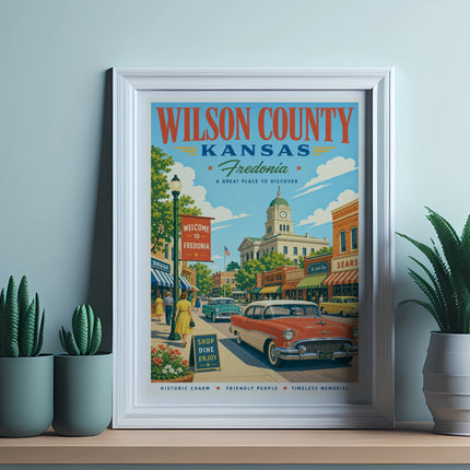 Vintage travel poster for Wilson County, Kansas, featuring Fredonia.