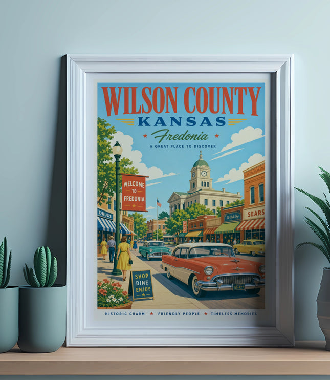 Vintage travel poster for Wilson County, Kansas, featuring Fredonia.