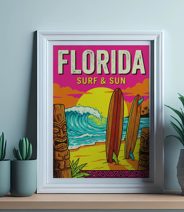 "Florida Surf & Sun" poster with surfboards, wave, tiki, and palm trees.